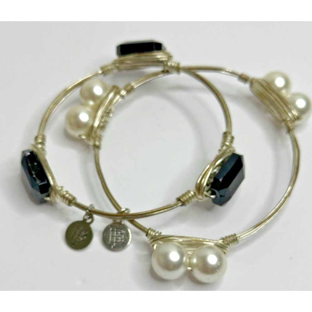 Bourbon and Boweties Bracelet Set 2 Gold Tone Wire Black Faceted Bead Faux Pearl